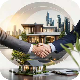 Real estate partnership with a modern home and city skyline